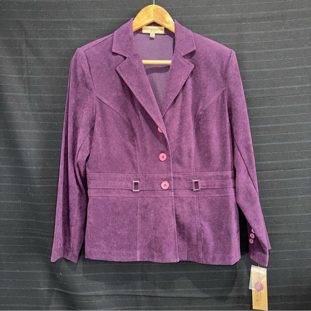 NWT Notations Petite Purple 3 button faux suede jacket PM w/ Buckle accents